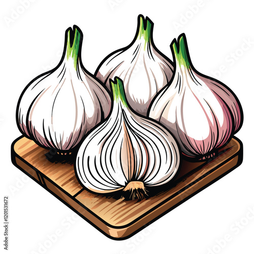 A highly detailed vector illustration of fresh, peeled garlic cloves, showcasing their intricate textures and vibrant colors.