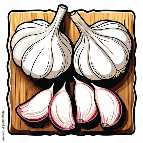 A detailed vector illustration of three fresh garlic cloves, peeled and ready to be used in cooking. The cloves should have a realistic texture and be rendered in a vibrant, natural color palette.