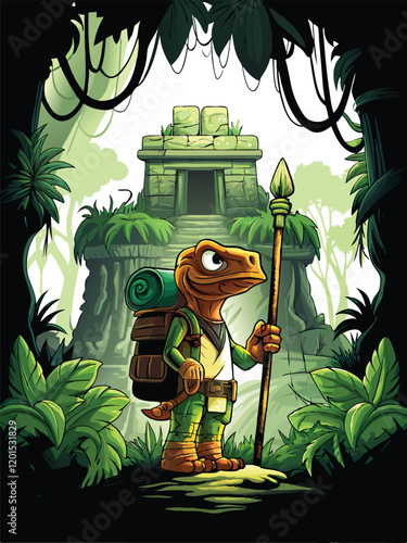 A brave dinosaur adventurer, adorned with explorer gear, cautiously navigates through the crumbling stone walls of ancient ruins, seeking hidden treasures and forgotten secrets.