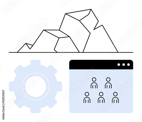 Geometric growth chart, gear cogwheel, user interface window with icons of people. Ideal for teamwork, system analysis, innovation, productivity, strategy, leadership abstract line flat metaphor