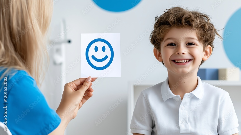 Young caucasian boy smiling during therapy session with female therapist Young caucasian boy smiling during therapy session with female therapist
