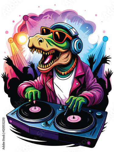 A cartoon dinosaur DJ wearing headphones, spinning vinyl records on a vintage turntable, with a funky expression on its face.