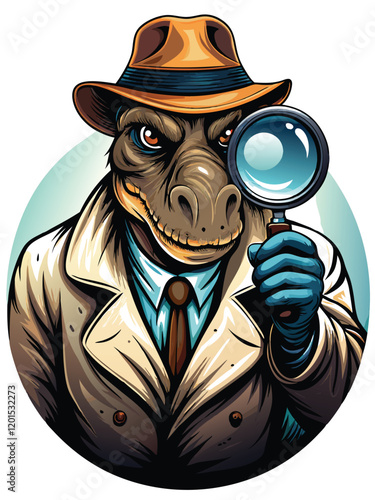 A stegosaurus detective in a stylish trench coat and fedora, standing with a magnifying glass in a crime scene.