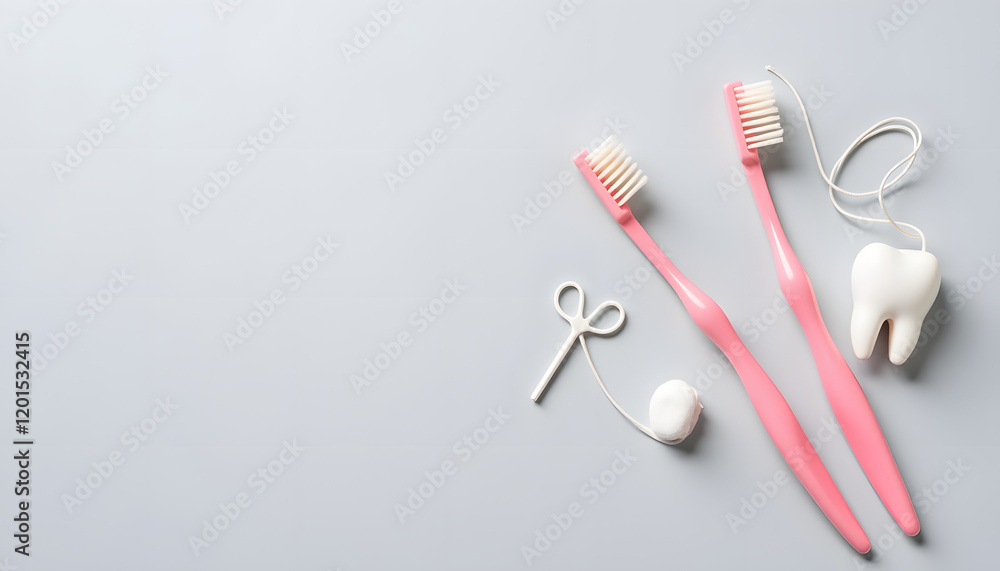 Clean composition, pink toothbrush and floss neatly placed next to a tooth icon on a simple gray background Clean composition, pink toothbrush and floss neatly placed next to a tooth icon on a simple gray background