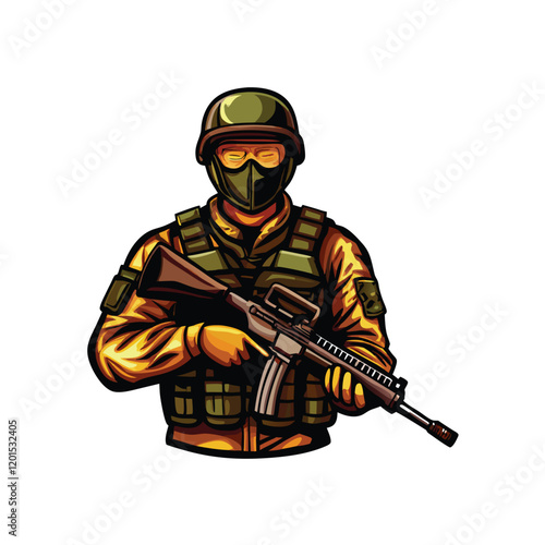 A soldier in full combat gear, including helmet, body armor, and tactical gear, holding a modern assault rifle with a determined expression.