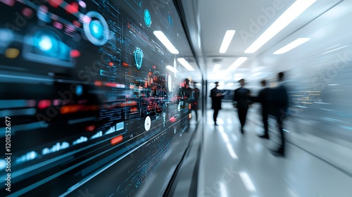 Data center corridor; employees review digital display; future technology background; stock photo