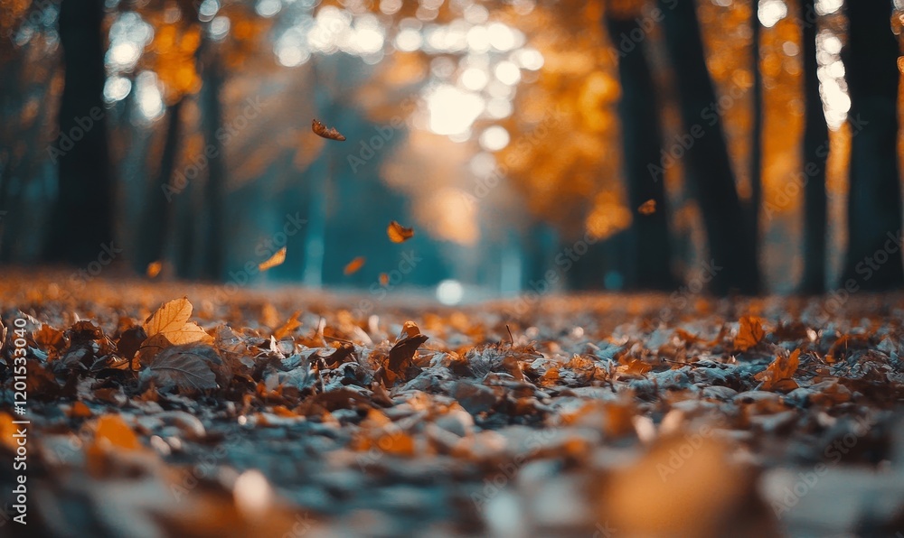 Autumn leaves falling on ground in park. Autumn leaves falling on ground in park.