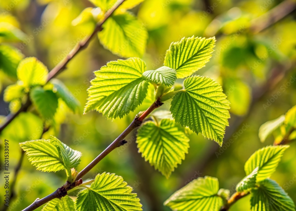 Spring Hazel Twigs: Close-up of Fresh Green Leaves & Branches Spring Hazel Twigs: Close-up of Fresh Green Leaves & Branches