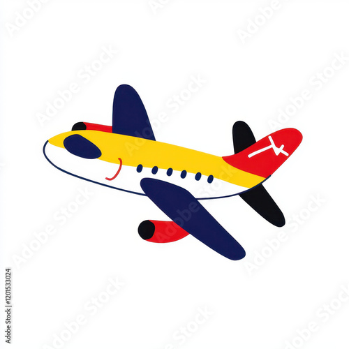 Colorful airplane illustration with playful design and cheerful expression