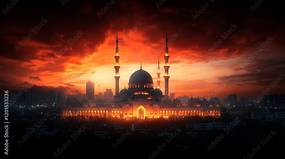 Obraz premium Majestic Mosque Sunset Cityscape, Dramatic Sky, Peaceful Evening, Religious Architecture, Stock Photo