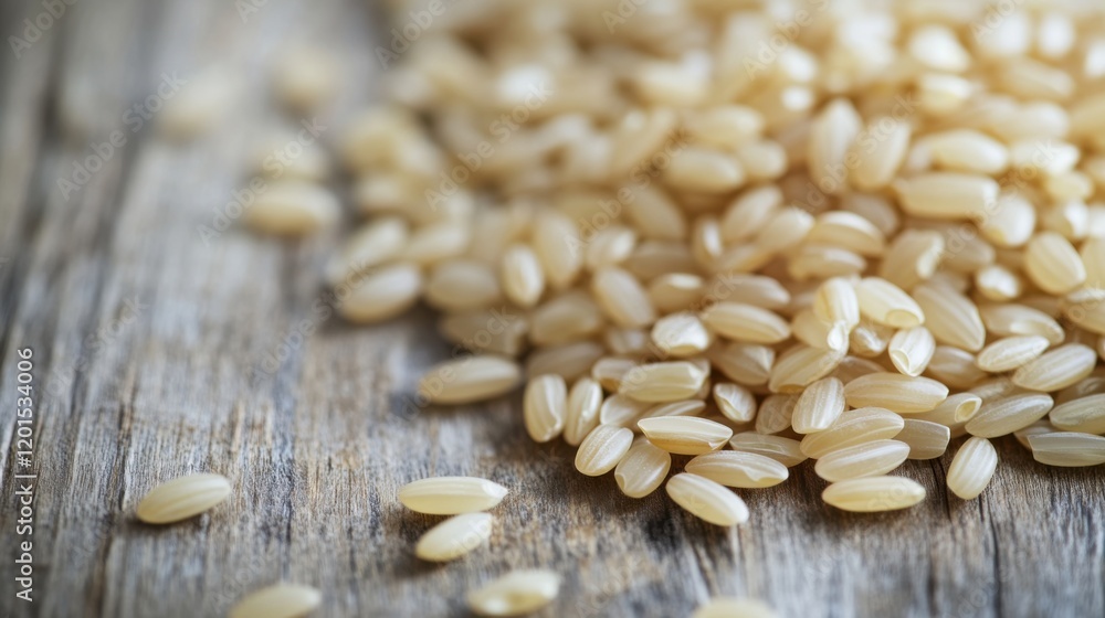 Close-up of uncooked rice grains on a rustic wooden table. Highlighting texture and natural color for food and cooking-related content. Close-up of uncooked rice grains on a rustic wooden table. Highlighting texture and natural color for food and cooking-related content.