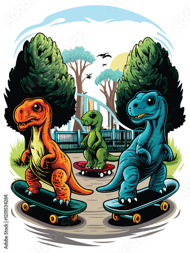 A whimsical scene of a group of diverse dinosaurs, from towering Brachiosaurs to agile Velociraptors, riding colorful skateboards down a bustling city street.