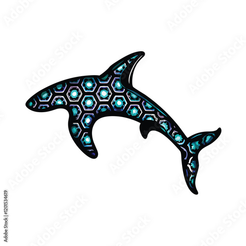 A minimalist, geometric silhouette of a hammerhead shark with sharp angles and intricate patterns.