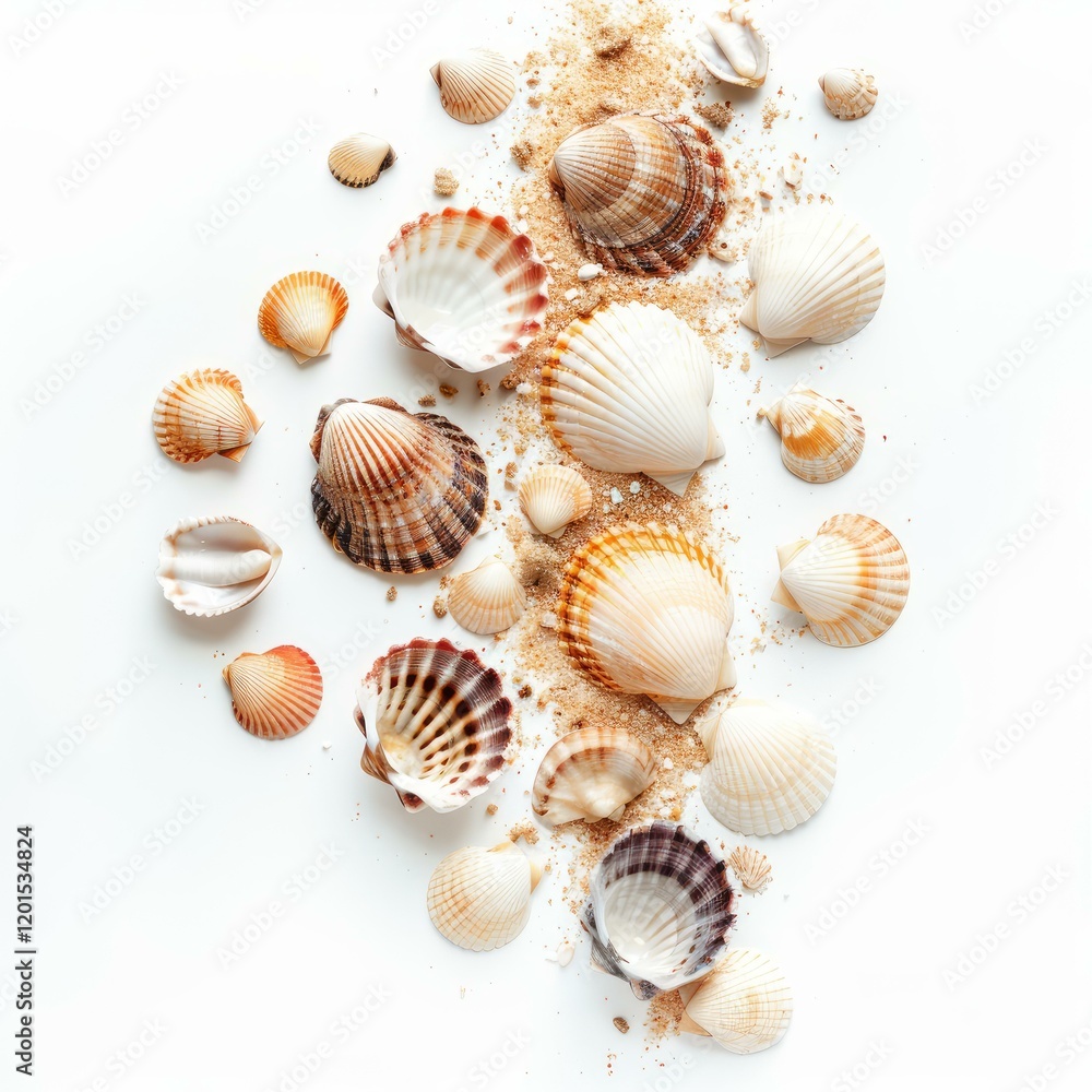 Variety of seashells arranged on white background with sand, creating beautiful beach themed still life Variety of seashells arranged on white background with sand, creating beautiful beach themed still life
