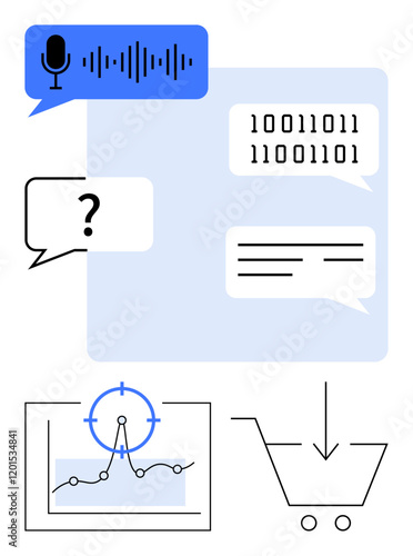 Microphone and soundwaves for voice recognition, speech bubbles with text and binary, analytics graph, and shopping cart icon. Ideal for AI, e-commerce, data, automation, tech digital trends