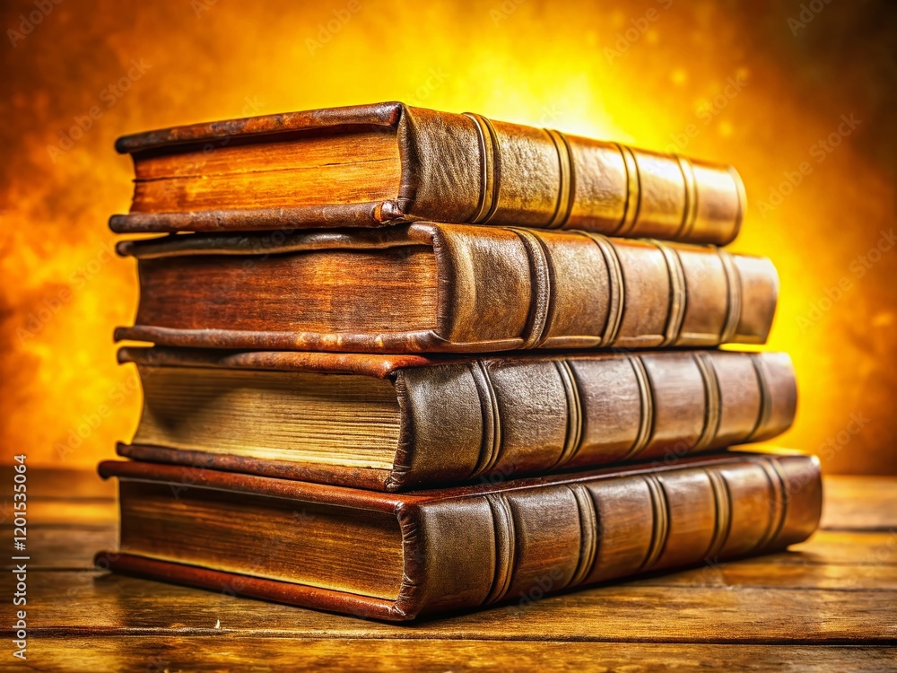 Stacked Worn Leather Books Golden Pages Yellow Background Long Exposure Stock Photo