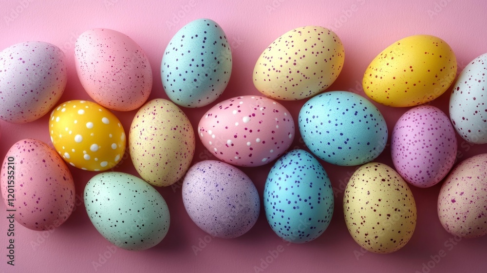 Obraz premium Colorful speckled Easter eggs on pastel pink background. Generative AI