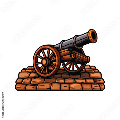 A meticulously detailed, highly realistic depiction of a 18th century cannon, its bronze barrel gleaming in the sunlight, positioned on a wooden carriage with intricate carvings.