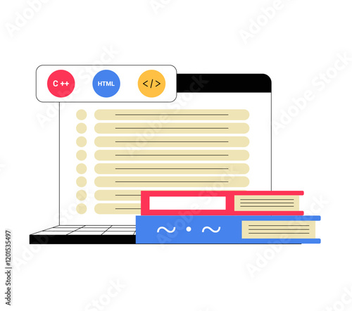 Open Laptop With Coding Languages And Books In Flat Vector Illustration Symbolizing Programming, Software Development, And Learning, Isolated On White Background