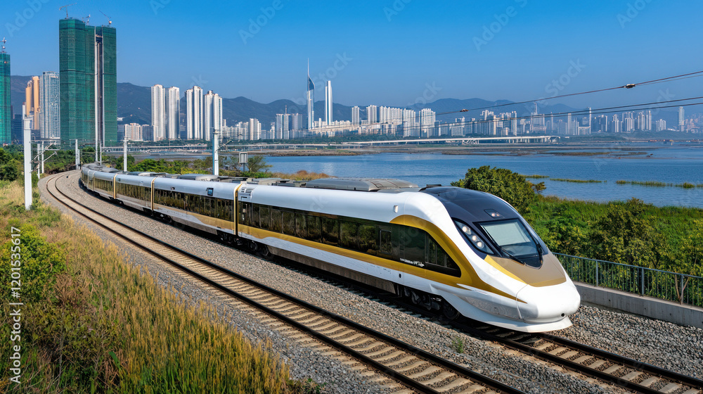 Naklejka premium High-speed train on scenic coastal route image.