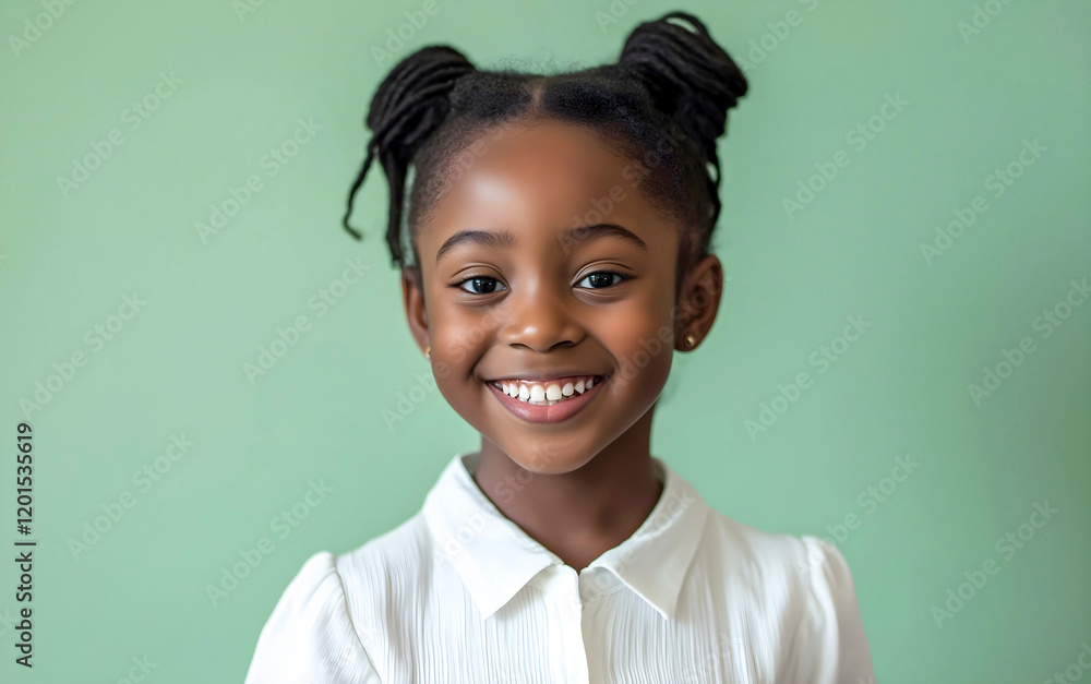 Joyful child displays bright smile against a vibrant green backdrop. Studio portrait of afroamerican girl. Joyful child displays bright smile against a vibrant green backdrop. Studio portrait of afroamerican girl.