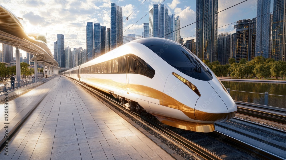Fototapeta premium Futuristic train speeds past urban skyscraper skyline