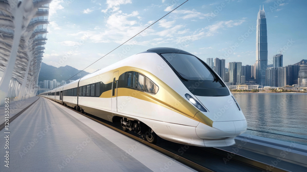 Naklejka premium Sleek high-speed train in modern vibrant cityscape