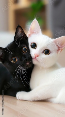 White and black cats cuddling embodying peace and love