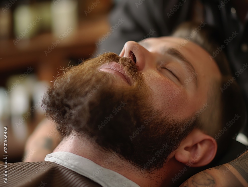 Fototapeta premium Man receiving beard shaping and grooming at a barber shop