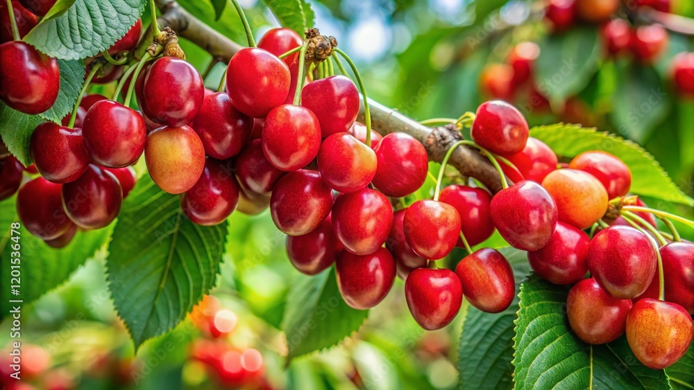 Stella Cherries on Tree Branch, Lush Green Leaves, Cherry Orchard, Summer Fruit Harvest Stella Cherries on Tree Branch, Lush Green Leaves, Cherry Orchard, Summer Fruit Harvest