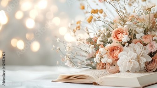 Dried flowers on open book, bokeh background; wedding, romance, invitation