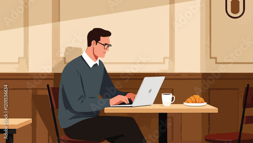 A man wearing glasses is working on a laptop accompanied by a cup of coffee and croissant