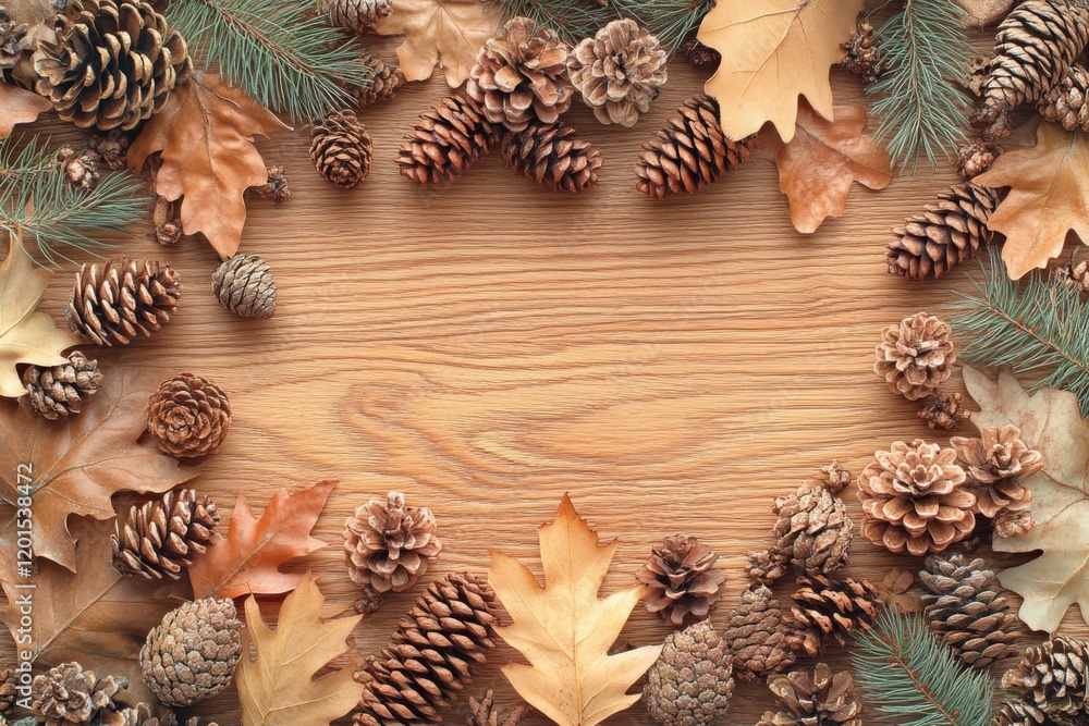 Fototapeta premium Autumn Frame Pine Cones Oak Leaves Wood Background Thanksgiving Fall
