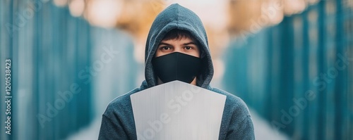 An image of a person holding a shield with Awareness written on it, defending against online hate speech