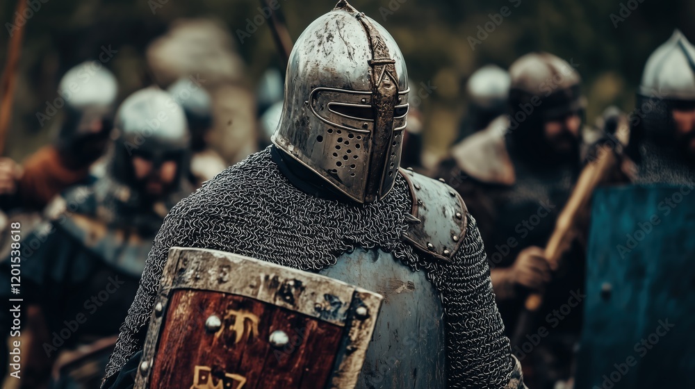 A medieval knight in gleaming armor holds a shield firmly, standing amidst fellow warriors as they prepare for battle in a vivid historical scene. A medieval knight in gleaming armor holds a shield firmly, standing amidst fellow warriors as they prepare for battle in a vivid historical scene.