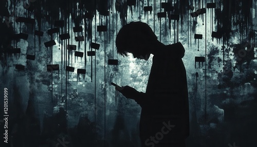 Wallpaper Mural A teenager s silhouette surrounded by text messages dripping like poison, symbolizing emotional harm Torontodigital.ca