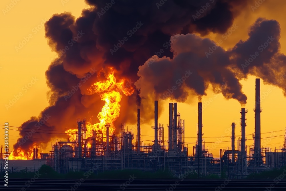Dramatic Industrial Fire at Sunset with Fiery Flames and Thick Smoke Dramatic Industrial Fire at Sunset with Fiery Flames and Thick Smoke
