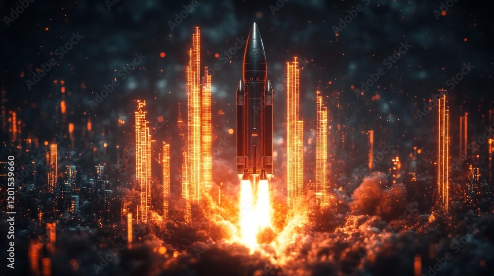 Obraz premium Rocket Launch Symbolizing Business Growth with Digital Effects. Generative AI