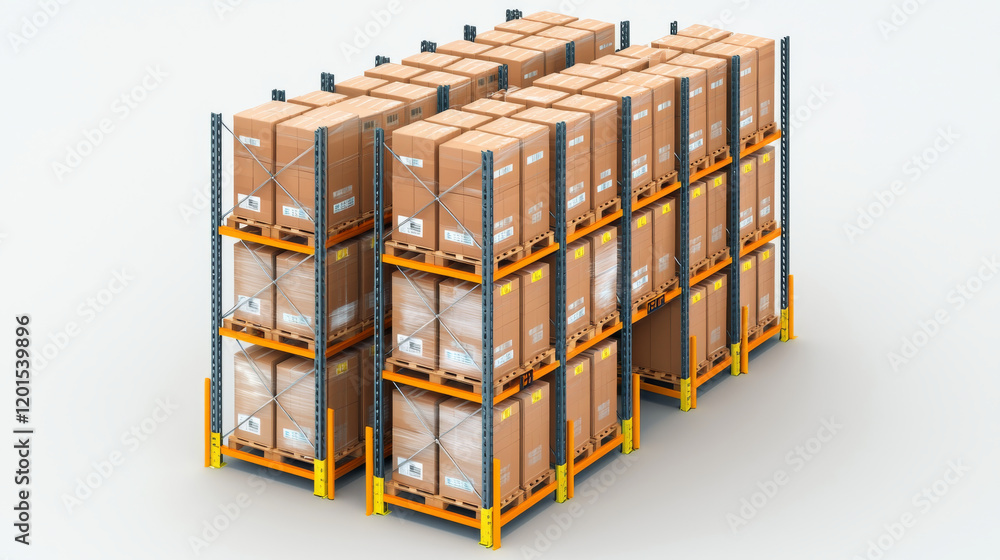 Stacked cardboard boxes on industrial shelving in warehouse setting