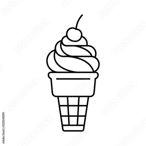 Soft ice cream in crispy cones. Creamy soft sweet treat with cherry on top. Line icon, doodle style, editable stroke. Refreshing dessert in minimalist style. Modern icon, editable stroke.