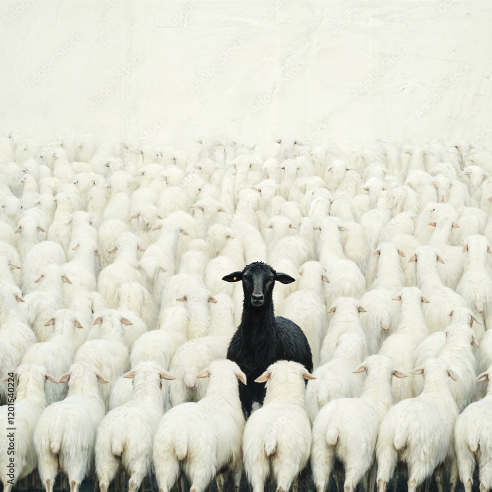 Fototapeta premium black sheep in the middle of a herd of white sheep