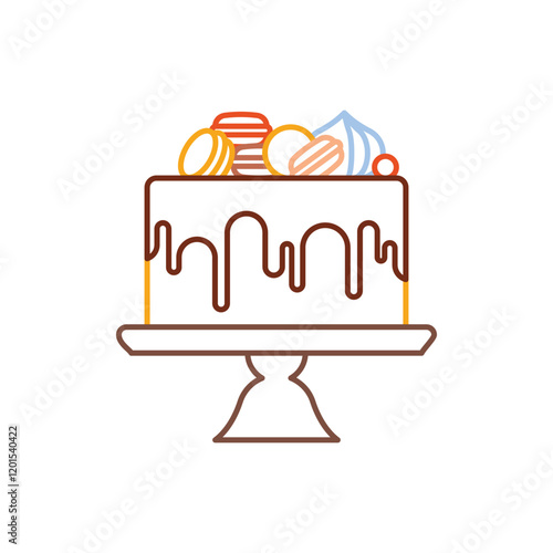 Colorful linear illustration of cake Chocolate cake is layered with chocolate icing and decorated with cookies. Modern bakery on stand, confectionery, homemade pastry. Linear illustration
