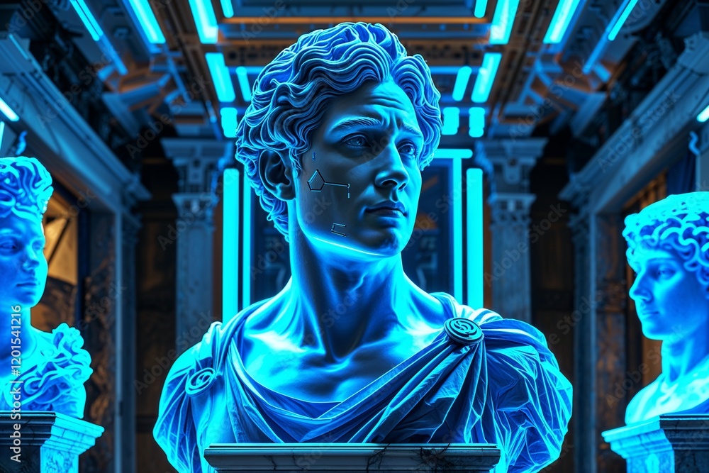 Obraz premium Futuristic Digital Art Classical Sculpture with Neon Blue Highlights and SciFi Elements