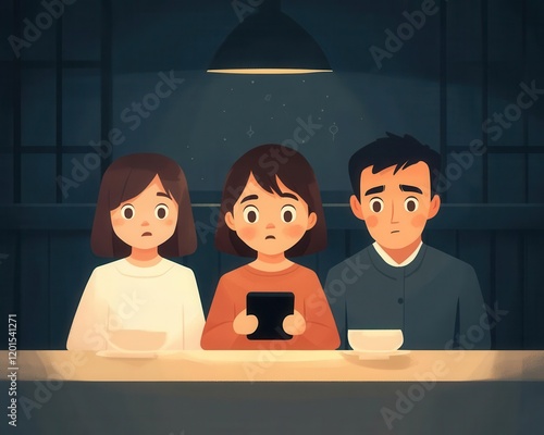 A family at a dinner table, with a child stressed and staring at hurtful messages on their phone photo