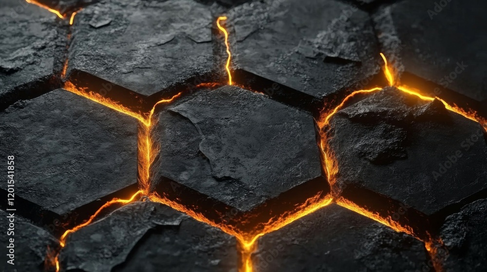 Glowing Lava Cracks Hexagonal Dark Stone Surface Glowing Lava Cracks Hexagonal Dark Stone Surface