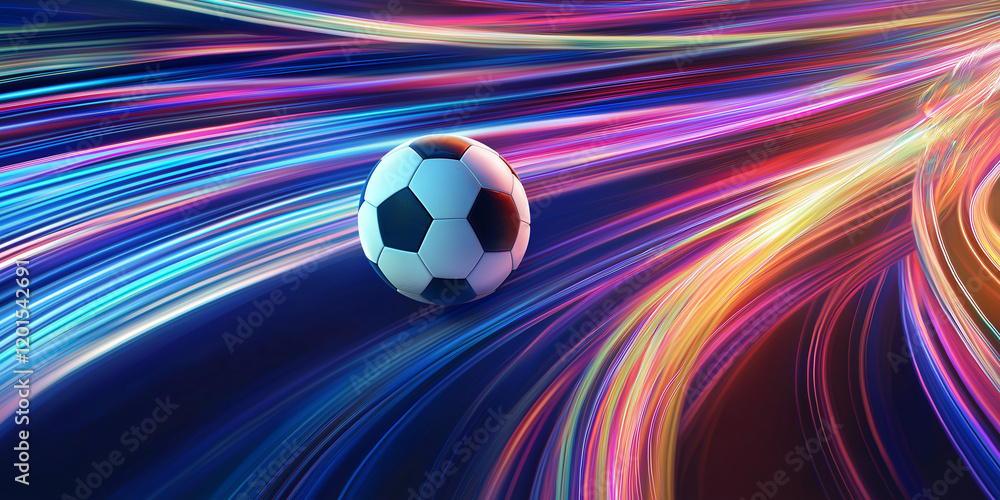 Fußball umgeben von dynamischen, leuchtenden Lichtstreifen in Pink, Blau, Orange, Rot, spiralförmig, schwarz-weiß Design, schwebend, futuristische Sportillustration, dunkler Hintergrund Fußball umgeben von dynamischen, leuchtenden Lichtstreifen in Pink, Blau, Orange, Rot, spiralförmig, schwarz-weiß Design, schwebend, futuristische Sportillustration, dunkler Hintergrund