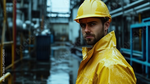 In a drizzly industrial setting, a worker in a yellow raincoat and hard hat gazes ahead, their serious demeanor highlighting the demanding environment.
