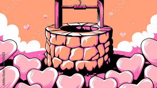 Valentine's Wishing Well: Pink Hearts, Romantic Illustration.