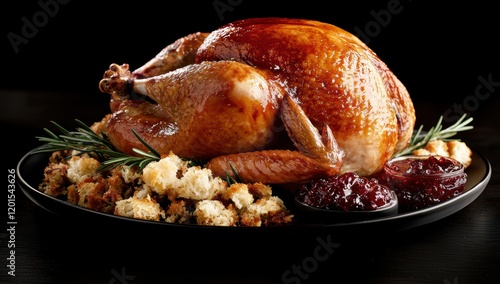 Whole roasted turkey on a platter with classic garland and savory stuffing garnished with rosemary sprigs and cranberry photo