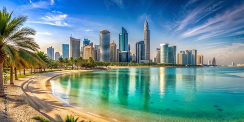 Stunning Panoramic View: Abu Dhabi Palm Trees, Beach & City Skyline - Holiday Destination
